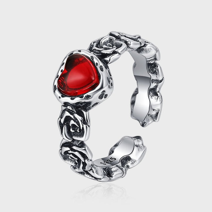 Anello Vintage in Argento a Forma di Cuore con Rosa