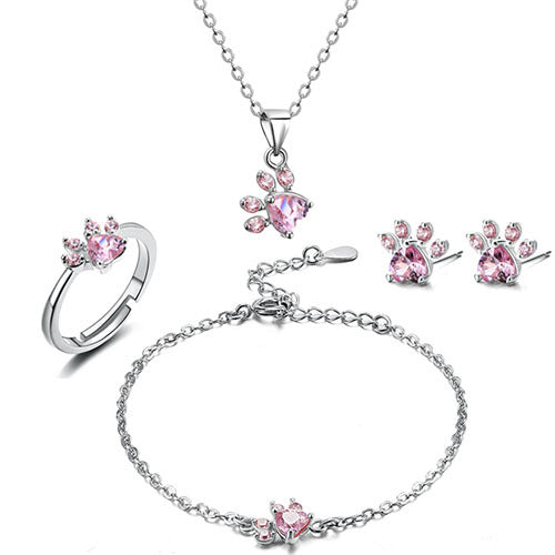 Set di Gioielli con Zampa color oro Rosa – 4 Pezzi con Cuore in Zirconia (Anello, Collana, Orecchini, Bracciale)