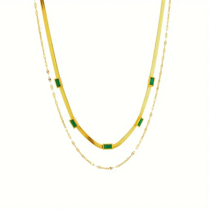 Collana Doppia color oro con Pietra Verde Vintage
