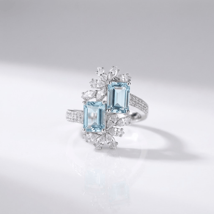 ANELLO color argento CON CRISTALLO ACQUAMARINA - (REGOLABILE)