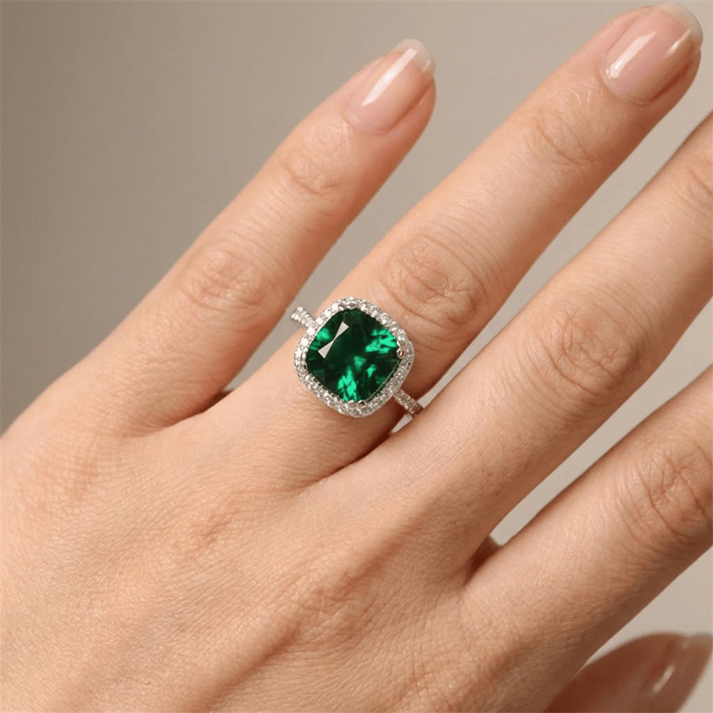 ANELLO A CUSCINO CON HALO IN EMERALDO VERDE