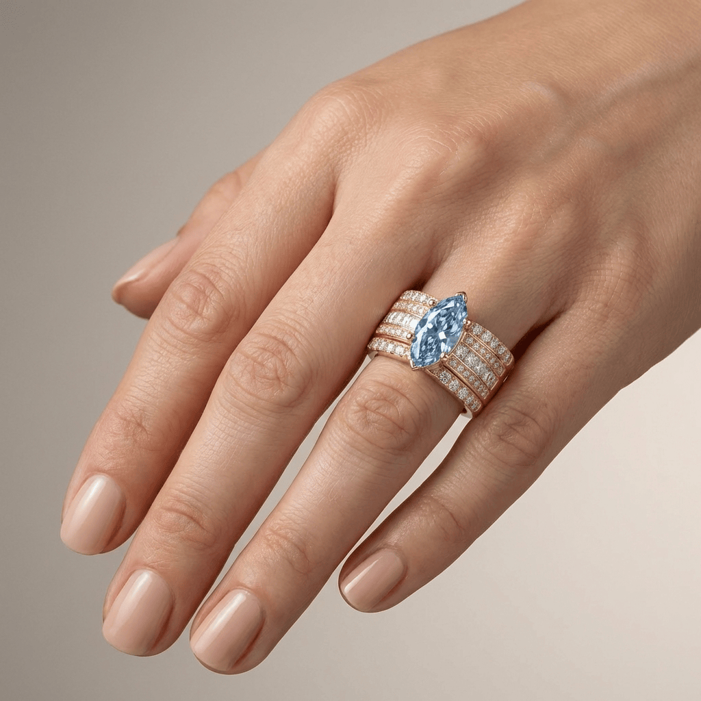 ANELLO color oro CON CRISTALLO BLU MARQUIS A LARGA FASCIA