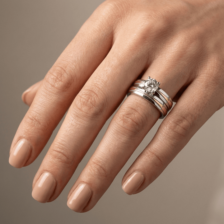 ANELLO Zirconia STRISCE D'ARGENTO E ORO