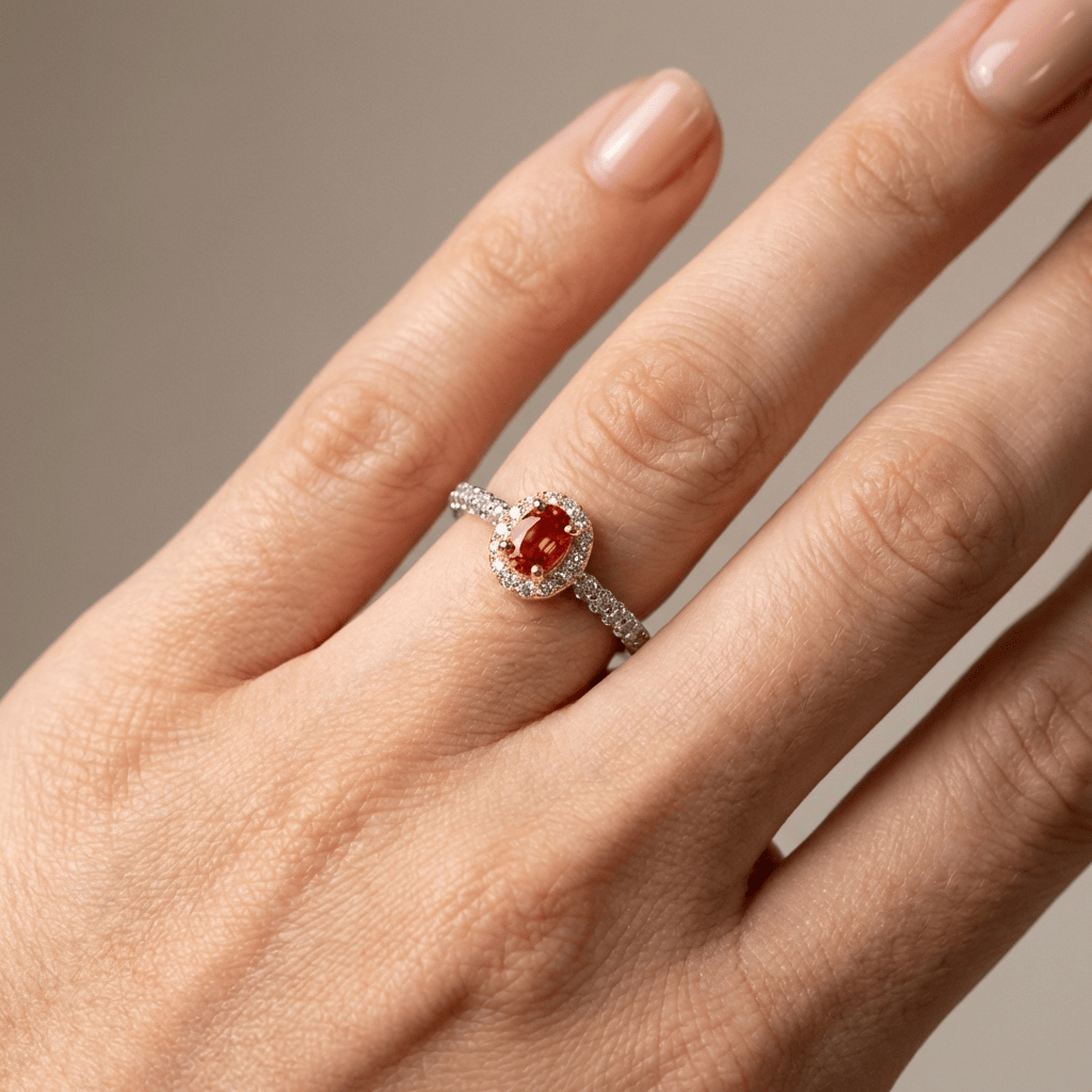 ANELLO HALO IN TOPAZIO ARANCIONE ARGENTO - (REGOLABILE)