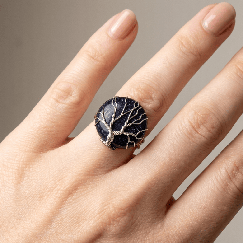 ANELLO color argento CON SANDSTONE BLU ALBERO DELLA VITA - (REGOLABILE)