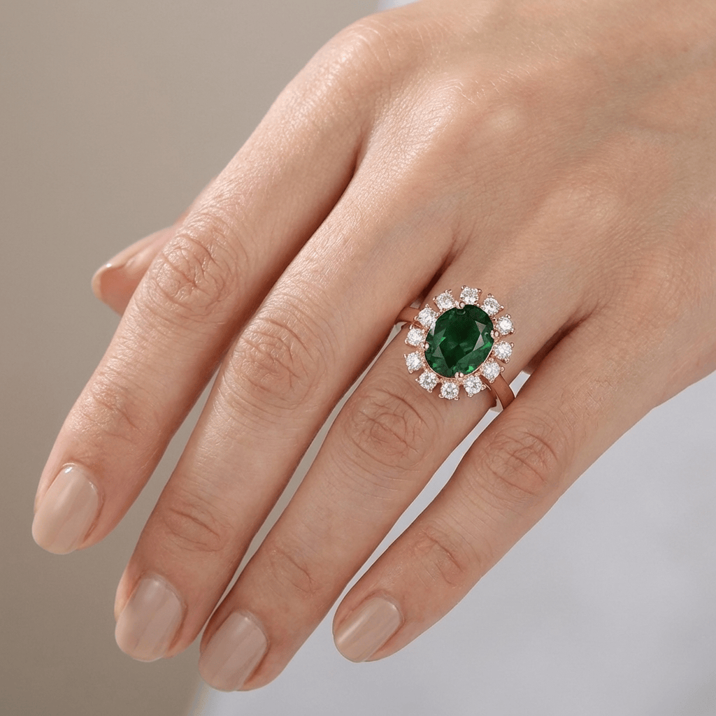 ANELLO HALO IN Zirconia EMERALD ORO ROSA - (REGOLABILE)