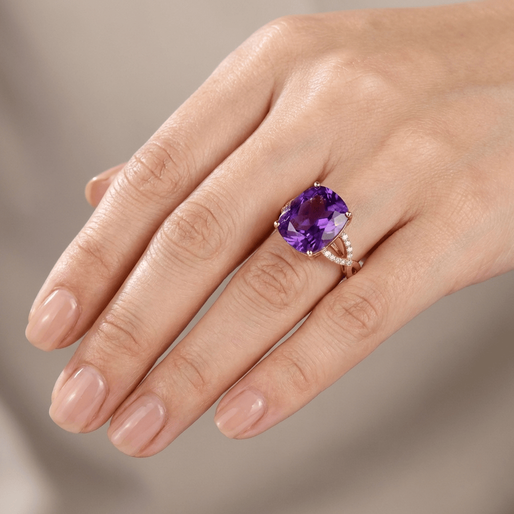 ANELLO CUSCINO AMETISTA ORO ROSA - (REGOLABILE)