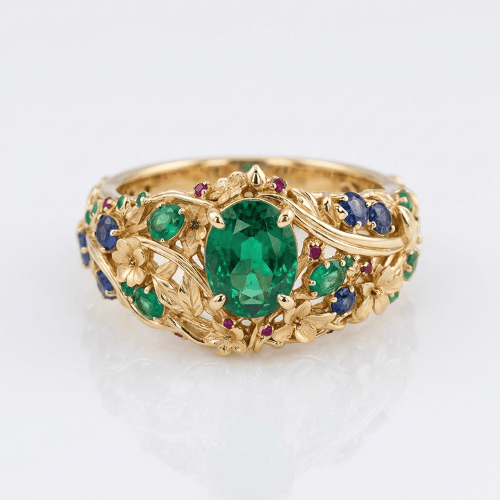 ANELLO VINTAGE color oro EMERALDO E Pietra Blu