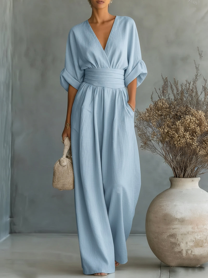 ESSENZIALE - Elegante Tuta Estiva a V con Vita Alta