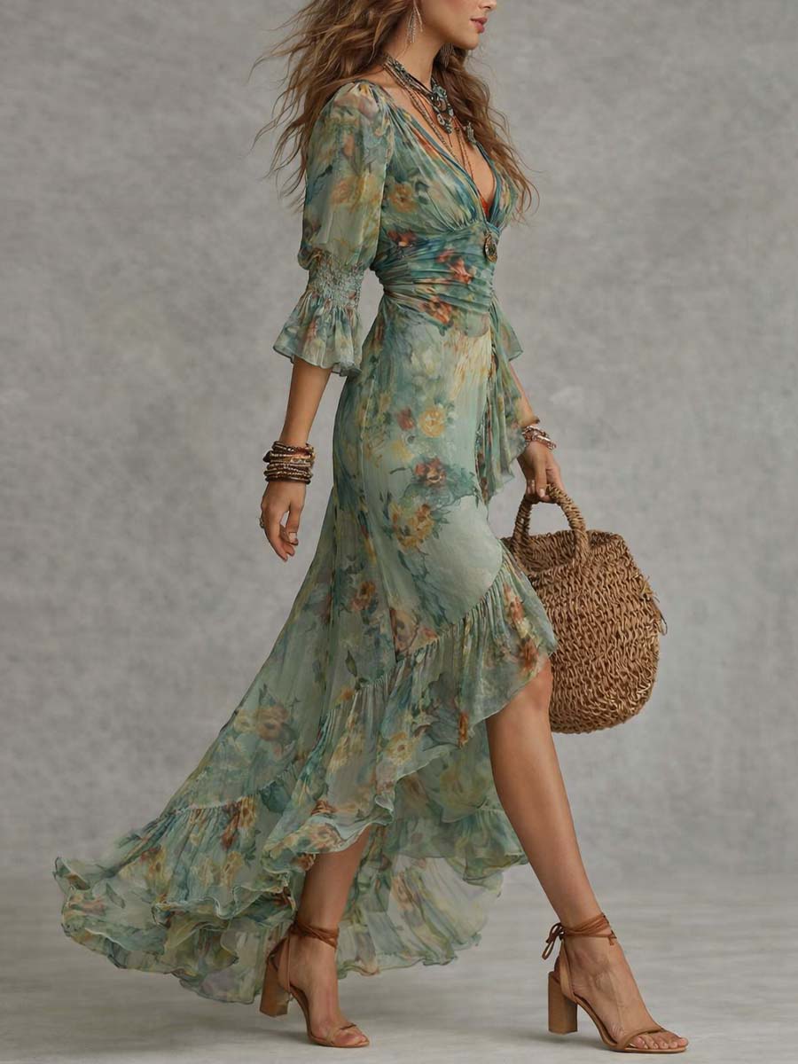 Aurora – Abito Maxi Boho a Fiori con Orlo Asimmetrico Romantico