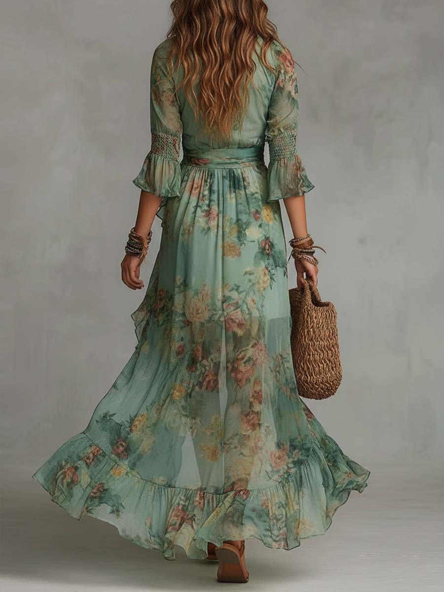 Aurora – Abito Maxi Boho a Fiori con Orlo Asimmetrico Romantico
