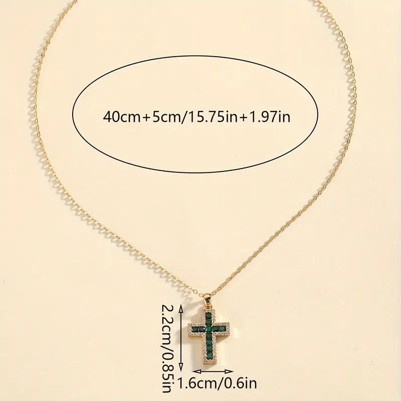 Collana Solene color oro con Pendente a Croce e Pietra Verde