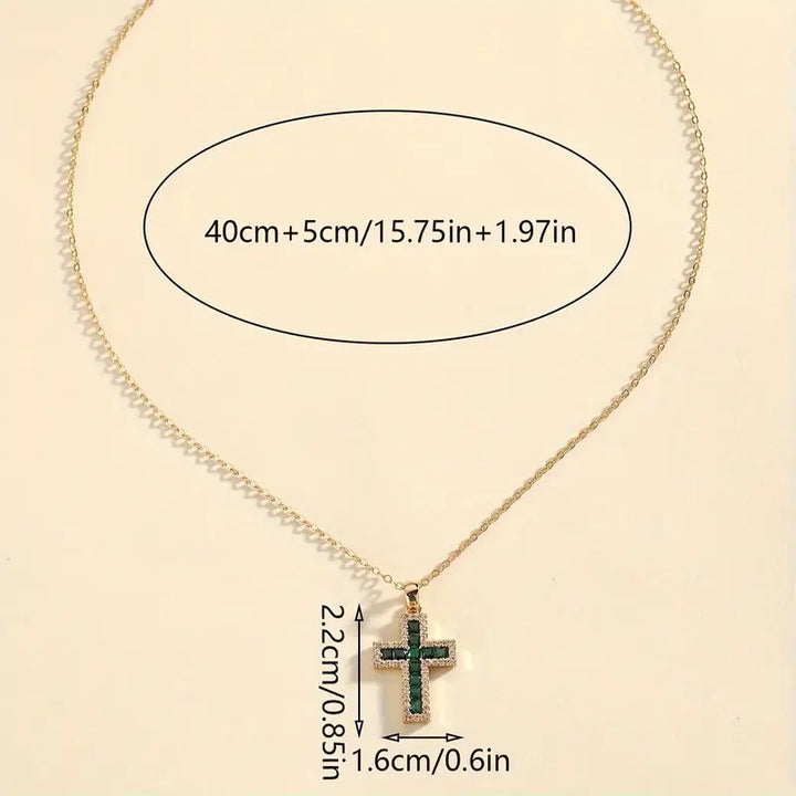 Collana Solene color oro con Pendente a Croce e Pietra Verde