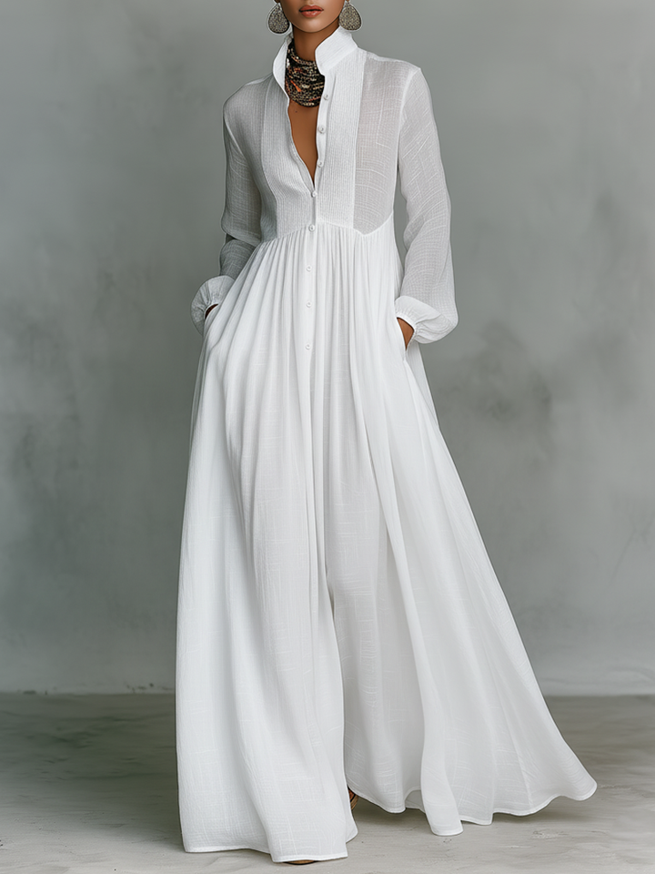ESSENZIALE - Maxi Abito Minimalista in Cotone e Lino con Patchwork, Collo Alto e Maniche Lunghe