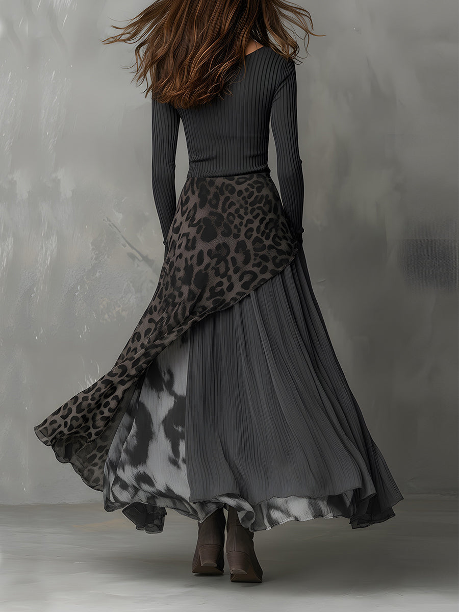 Martina - Vestito lungo in stile bohemien con stampa leopardata