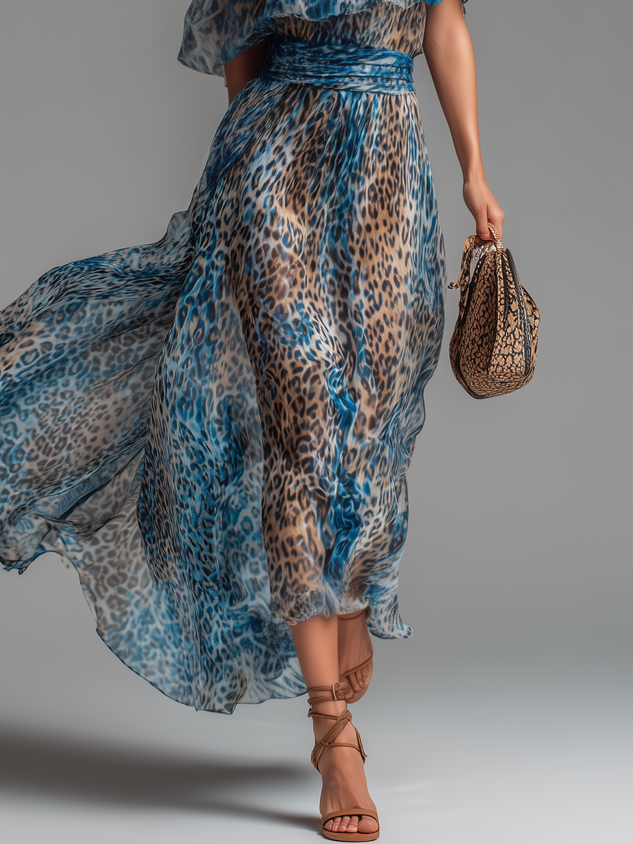 🔥 Selvaggia – Abito Maxi in Chiffon con Stampa Leopardo a Spalle Scoperte
