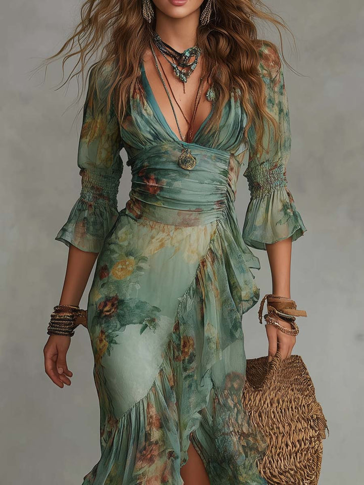 Aurora – Abito Maxi Boho a Fiori con Orlo Asimmetrico Romantico
