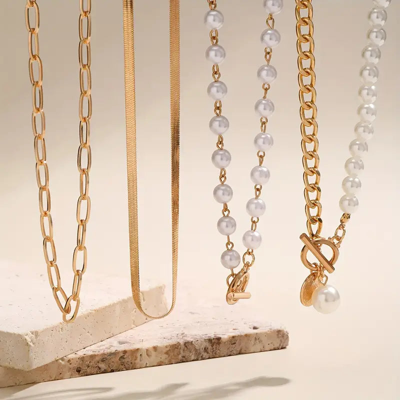 Set di Collana a Catena di Serpente in Perle Vintage e Oro | Oro