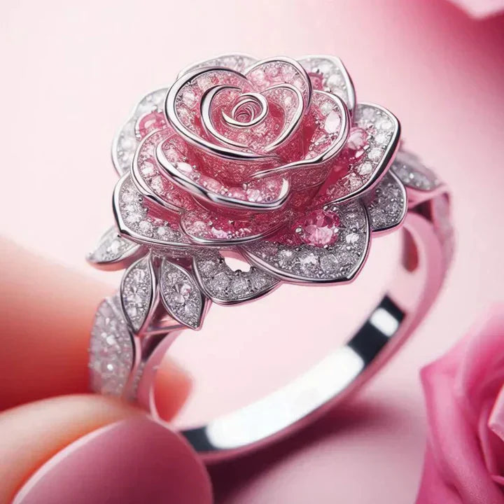 Anello Esotico Placcato Argento con Fiori Rosa