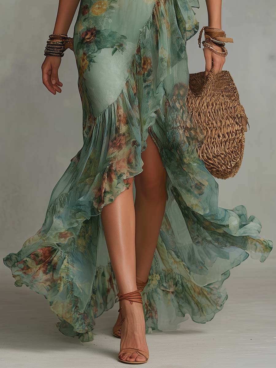 Aurora – Abito Maxi Boho a Fiori con Orlo Asimmetrico Romantico