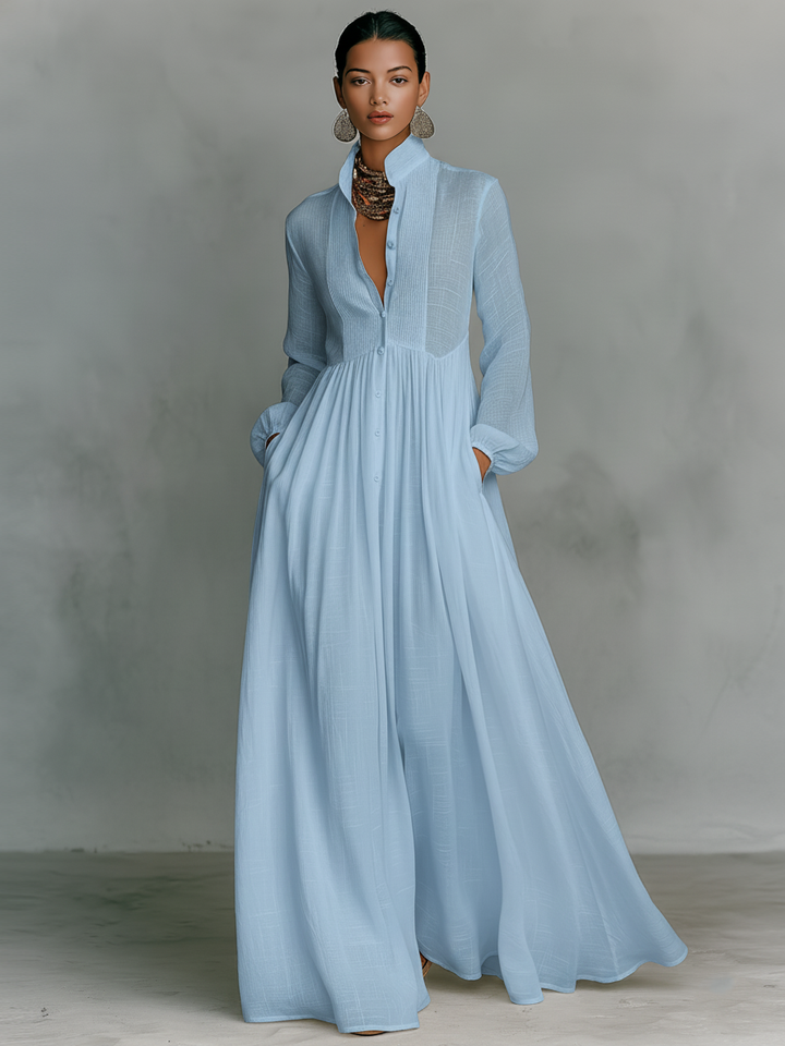ESSENZIALE - Maxi Abito Minimalista in Cotone e Lino con Patchwork, Collo Alto e Maniche Lunghe