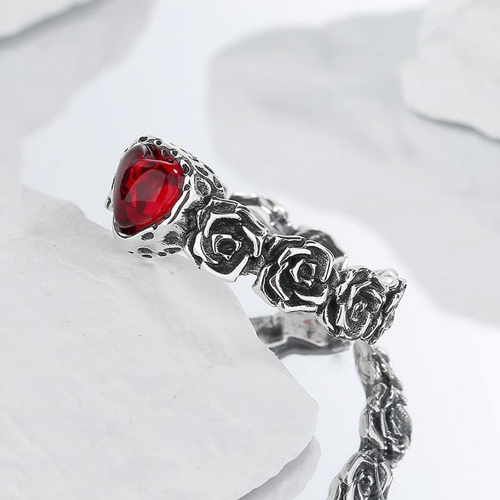 Anello Vintage in Argento a Forma di Cuore con Rosa