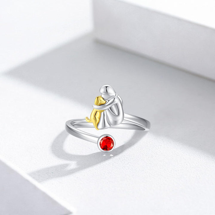 Anello color argento con Cane e Ragazza – Regolabile e Simbolico