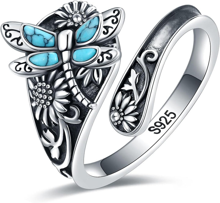 Anello a Cucchiaio color argento con Turchese – Anello Vintage Boho con Libellula