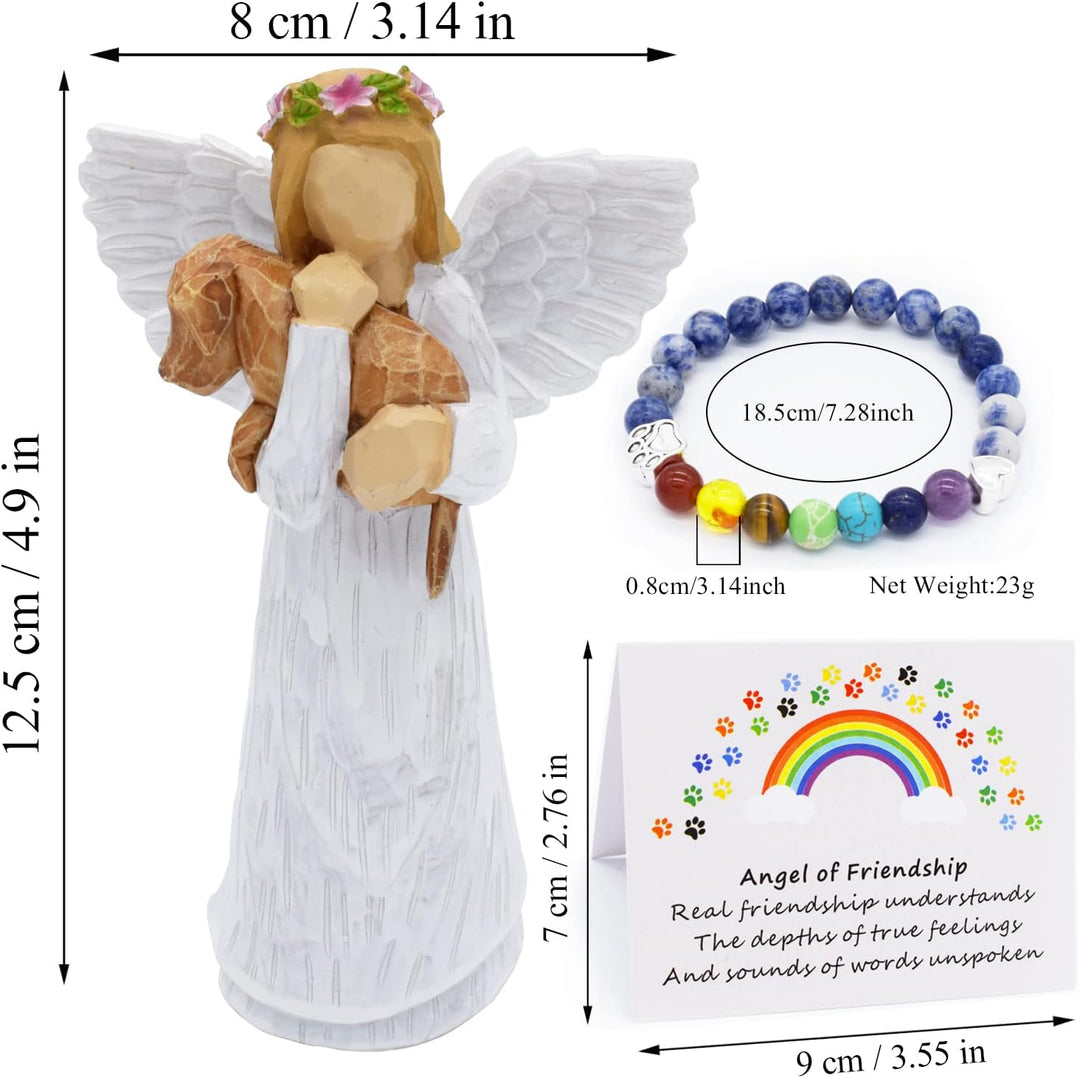 Set Regalo in Memoria del Cane con Statua dell'Angelo dell'Amicizia e Bracciale Chakra del Ponte Arcobaleno