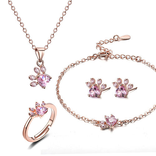 Set di Gioielli con Zampa color oro Rosa – 4 Pezzi con Cuore in Zirconia (Anello, Collana, Orecchini, Bracciale)