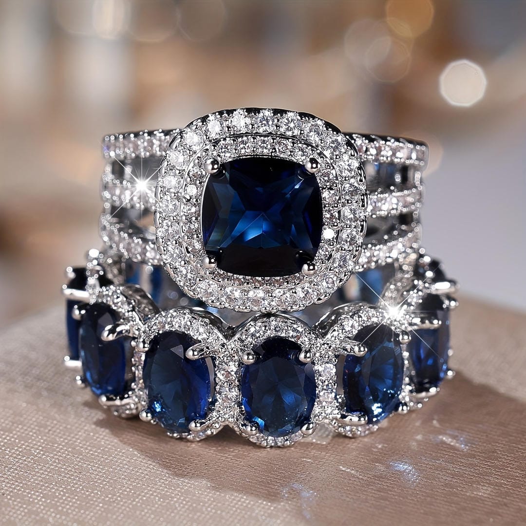 Set di Anelli Impilabili Halo in Pietra Blu