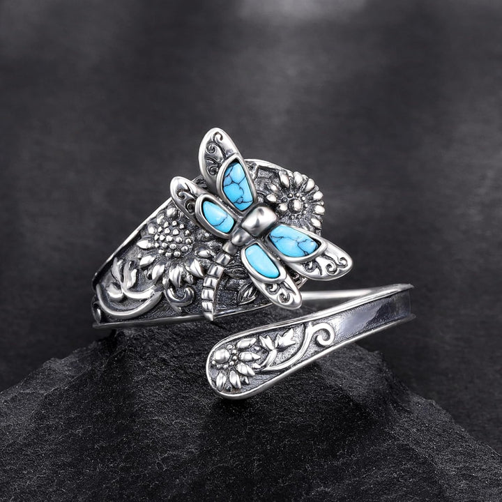 Anello a Cucchiaio color argento con Turchese – Anello Vintage Boho con Libellula