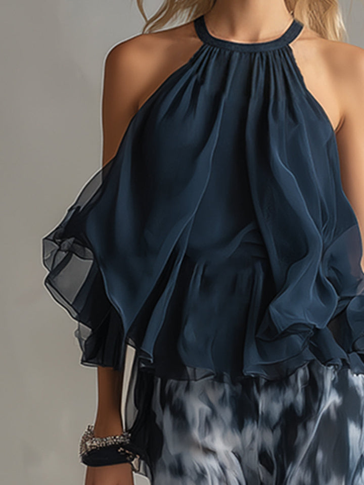ESSENZIALE - Ludovica – Set elegante in chiffon con top a collo alto e pantaloni a gamba larga stampati