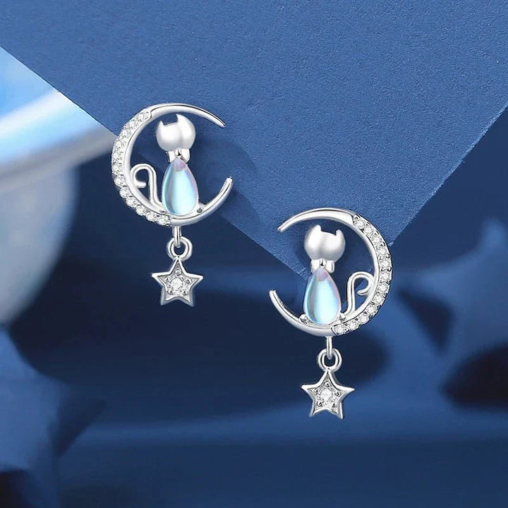 Orecchini color argento a Forma di Luna e Stella con Gatto e Zircone
