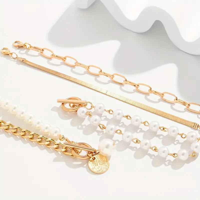 Set di Bracciali Chic in Oro 4 Pezzi - Serpente, Perle & Anelli | Oro