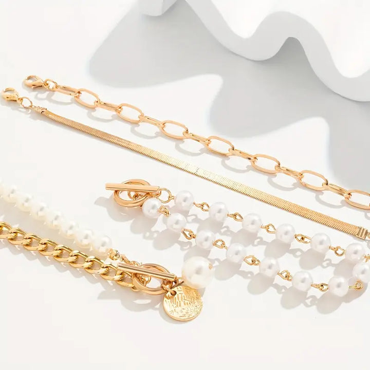 Set di Bracciali Chic in Oro 4 Pezzi - Serpente, Perle & Anelli | Oro