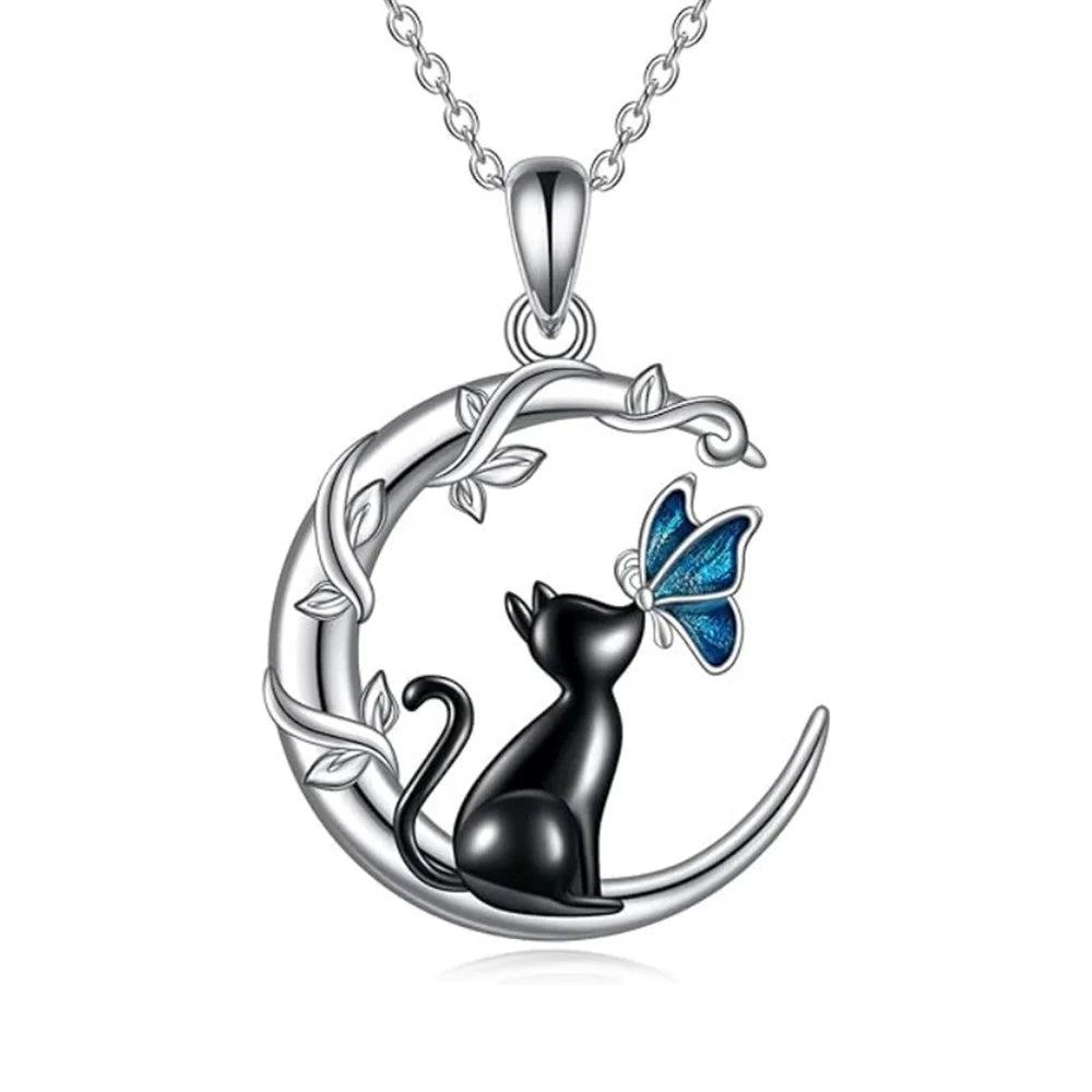 Collana con Pendente in Cristallo a Forma di Gatto Luna Farfalla