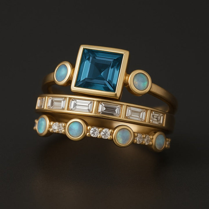 Set di Anelli in Cristallo Blu Vintage