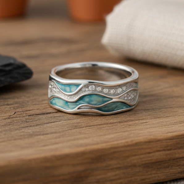 Anello color argento con Onde Turchesi