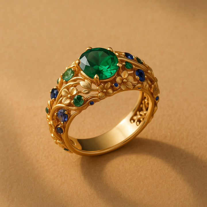 Anello color oro con Cristalli Verdi e Blu