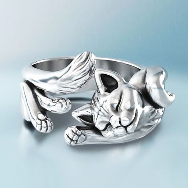 Anello Vintage di Gatto color argento (Regolabile)