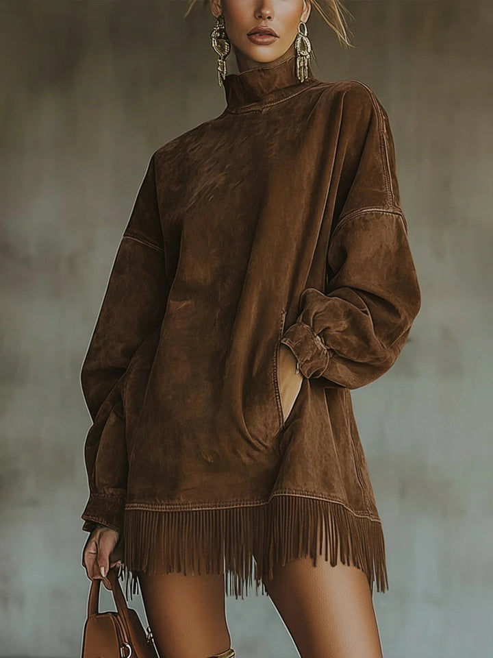 Amalia | Abito in Suede con Frange e Collo Alto
