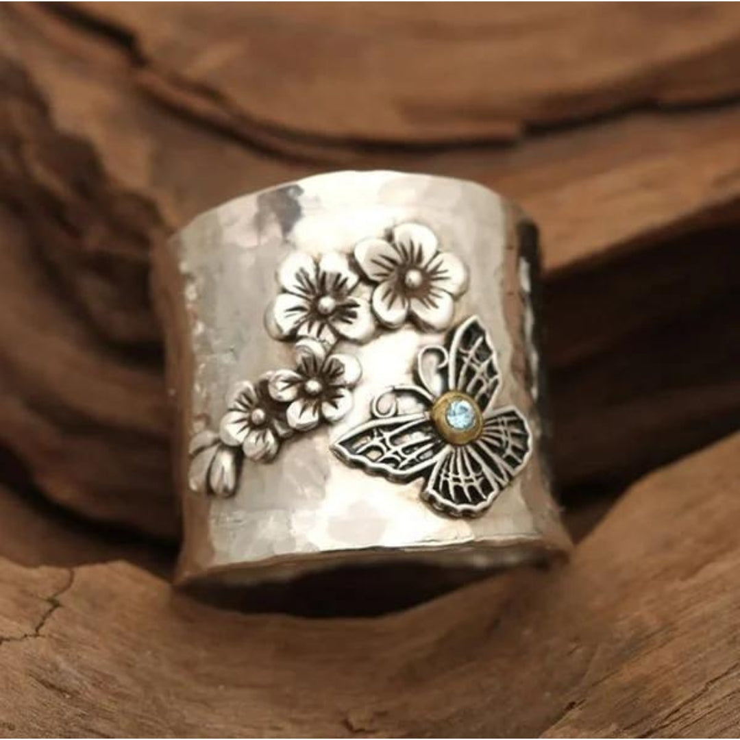 Anello a Fascia Larga con Ape, Fiore e Farfalla