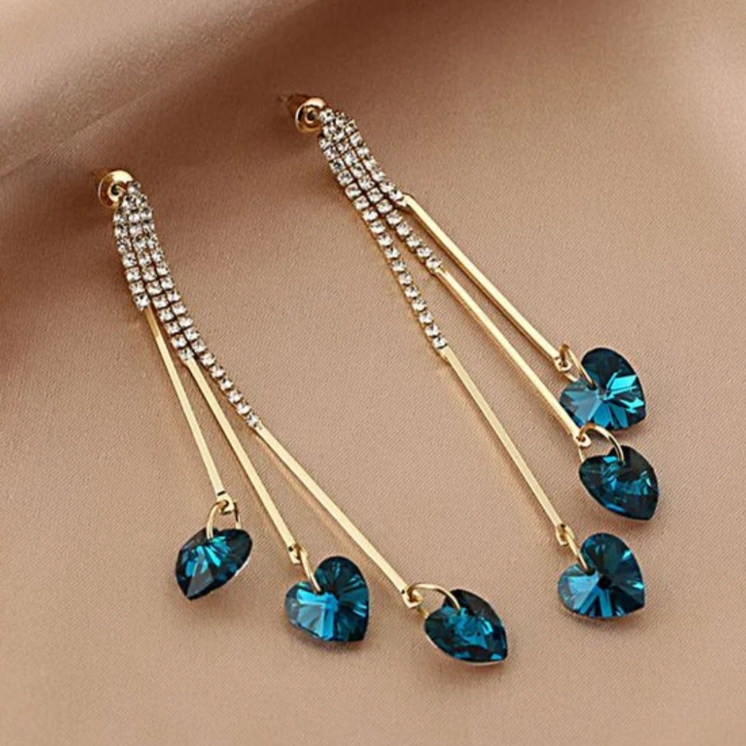 Orecchini a Pioggia a Cuore di Cristallo Blu Elegante