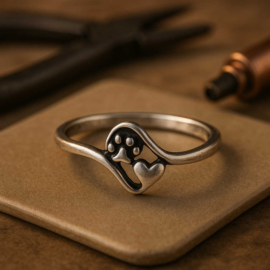 Anello Vintage color argento con Zampa e Cuore