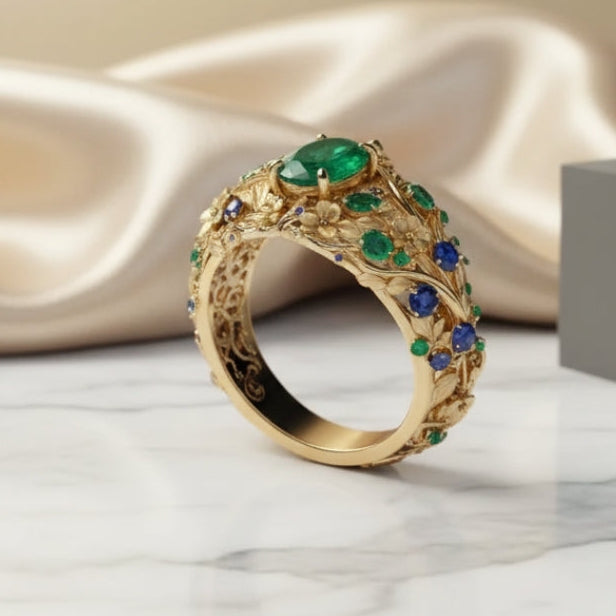 Anello color oro con Cristalli Verdi e Blu