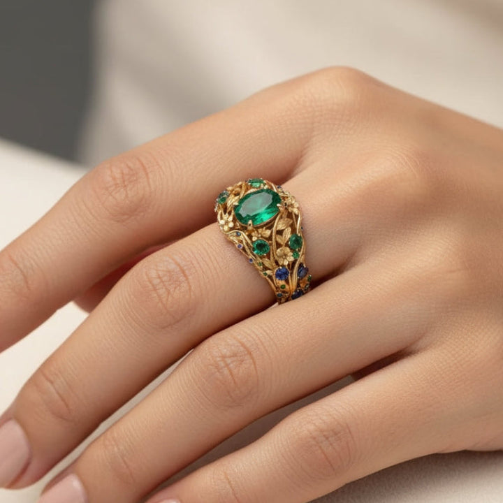 Anello in Cristallo Verde e Blu con Oro