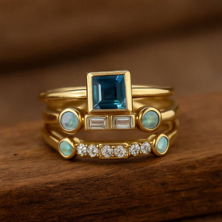 Set di Anelli in Cristallo Blu Vintage