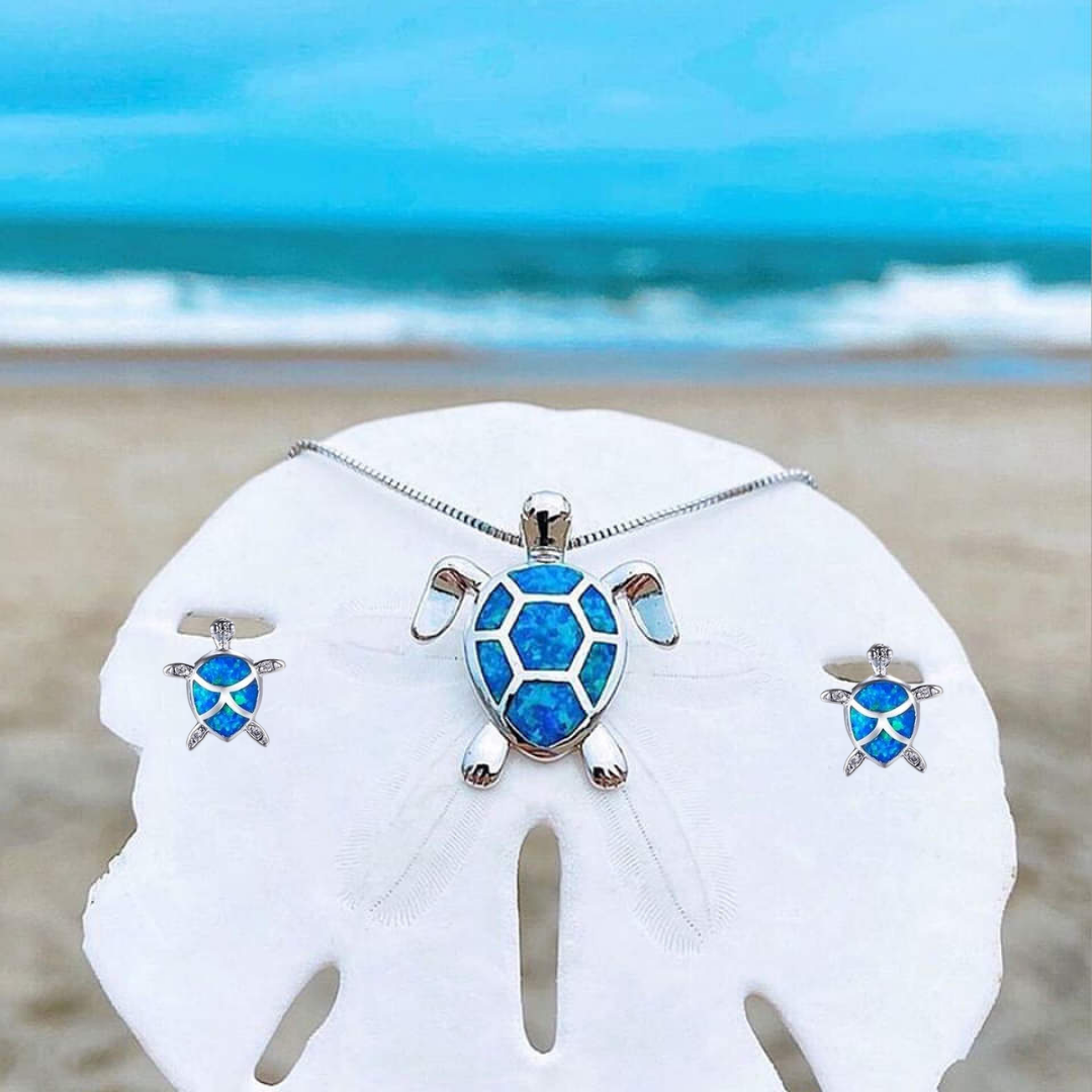 Collana e Orecchini a Forma di Tartaruga Marina in Opale e color argento