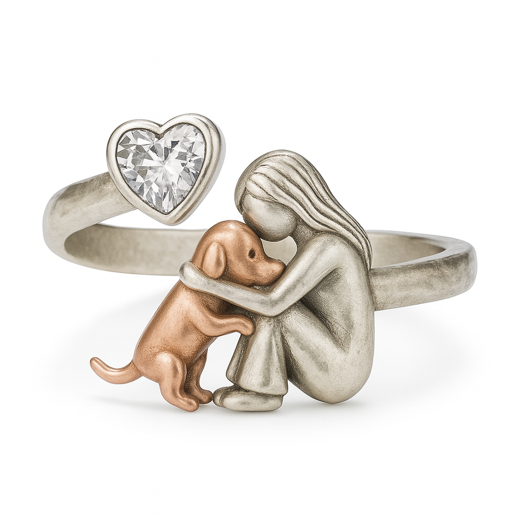 Anello per Cani color argento Fatto a Mano con Zirconia a Forma di Cuore – Regolabile